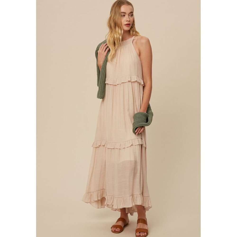 Listicle Halter Ruffle Pocket Maxi Long Dress
